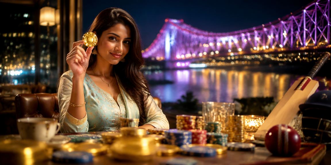 Kolkata Howrah Bridge with cricket betting theme in traditional attire